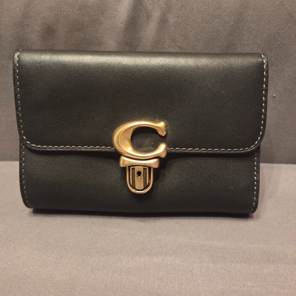 Coach Studio Medium Wallet Clutch in Brass/Black Glovetanned Leather C6727